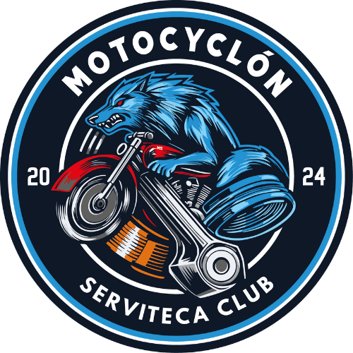 Logo de Motocyclon: Lobo en Moto con Pistón