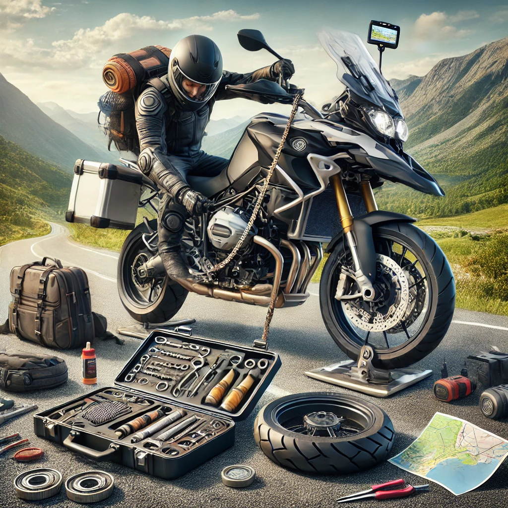 Motociclista organizando su equipamiento antes de un viaje en moto