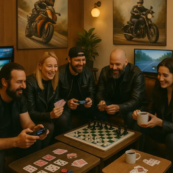 Moteros en Bogotá compartiendo juegos de mesa, cartas y café en el club Motocyclón